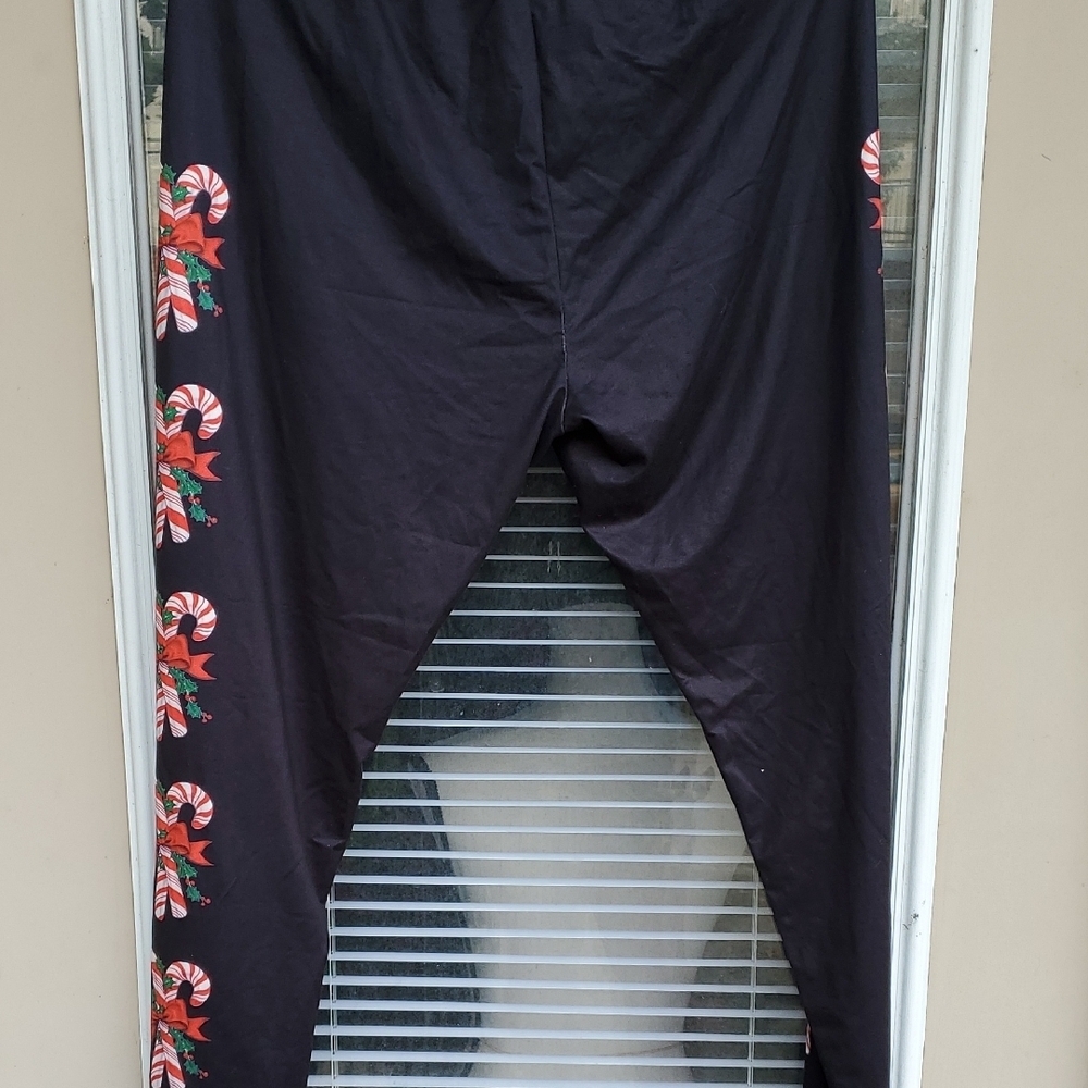 Xmas N July Black Leggings with Candy Cane and Bow Design